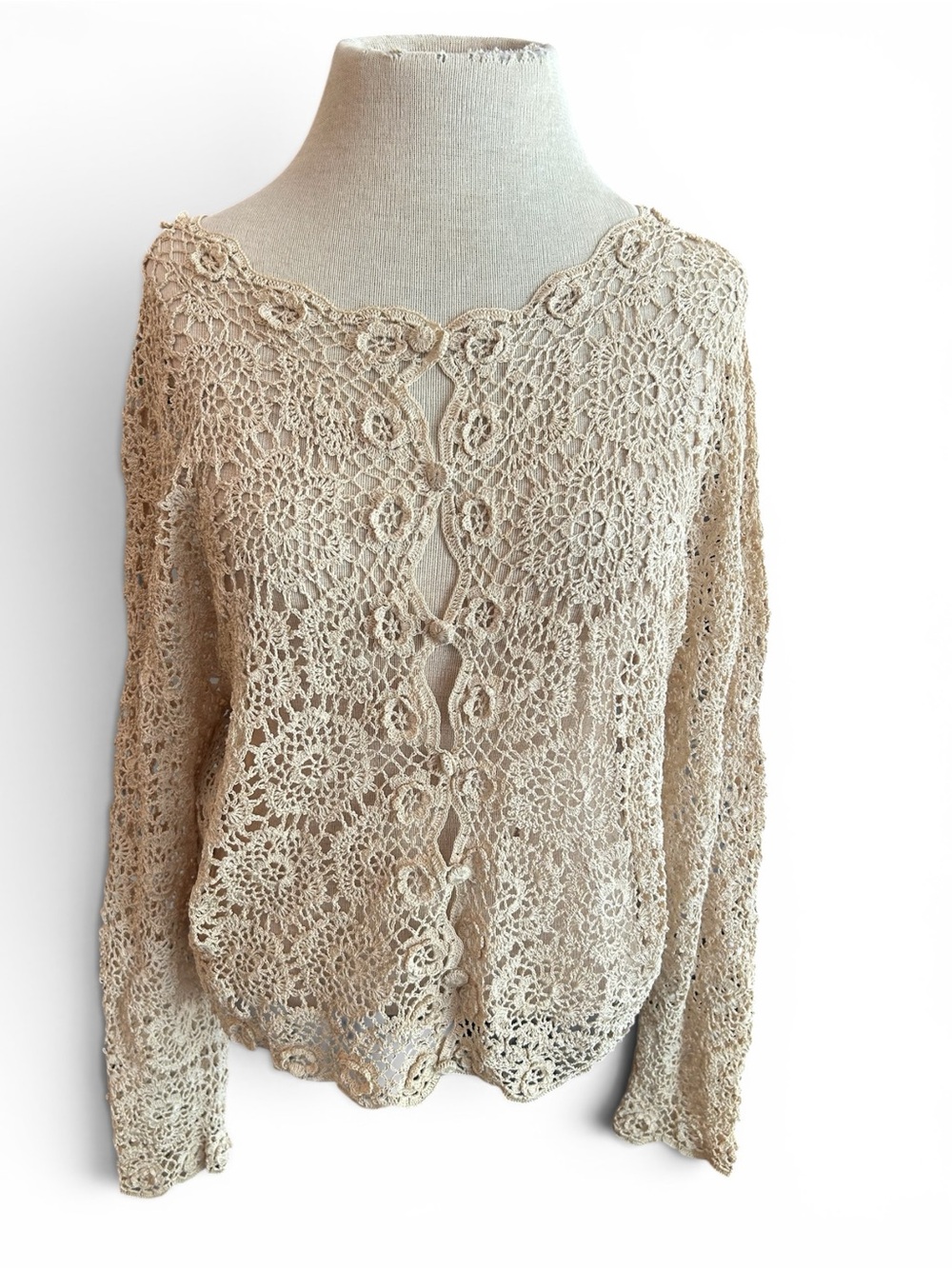Vintage Beige Crochet Lace Button-Front Cardigan M intricate and beautiful